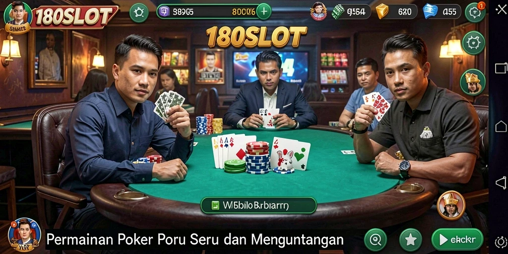 Screenshot gameplay Poker di 180SLOT yang menampilkan suasana seru dan interaksi pemain.