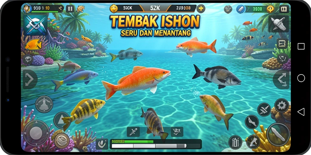 Screenshot gameplay 5ZK menampilkan aksi menembak ikan yang seru.