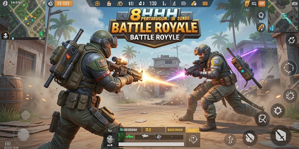 Tampilan intens pertempuran di game 8HHH Battle Royale.