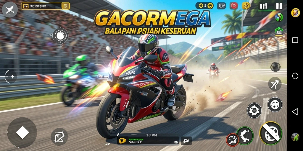 Screenshot gamplay GACORMEGA menampilkan aksi balapan motor yang mendebarkan.
