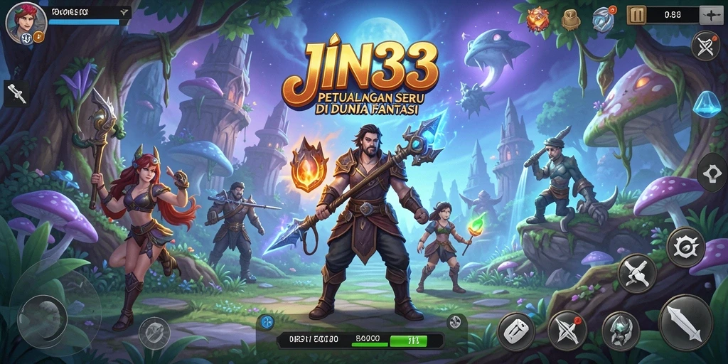 Screenshot utama JIN33 menampilkan karakter utama menjelajahi hutan mistis.