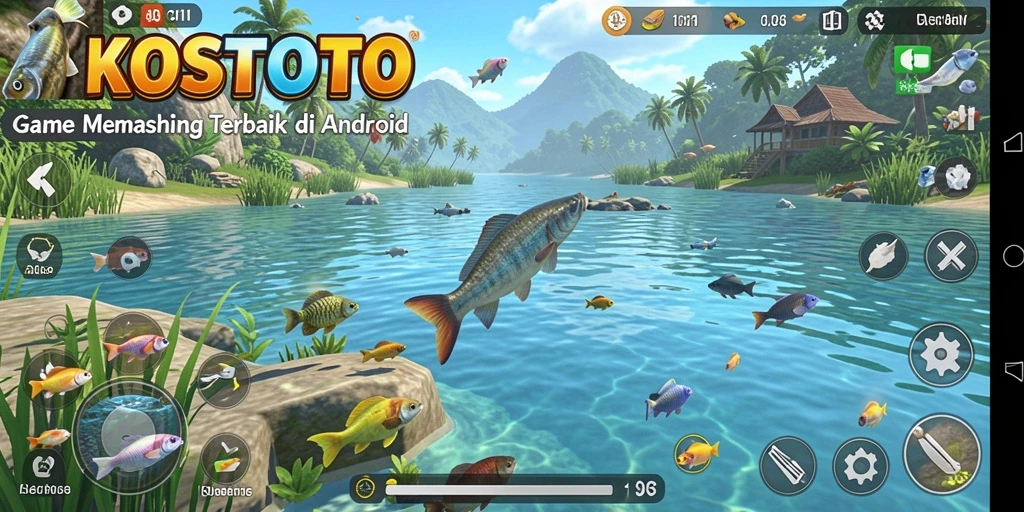 Screenshot utama KOSTOTO menampilkan pemain sedang memancing di danau yang tenang.