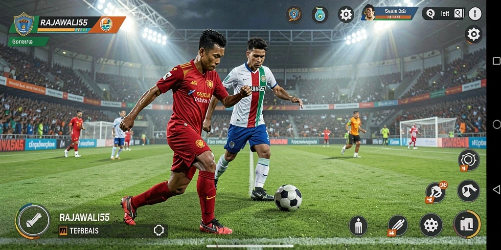 Gameplay seru dalam RAJAWALI55 dengan aksi sepak bola mendebarkan.