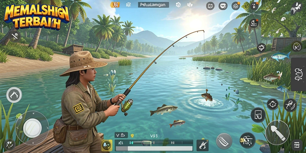 Tampilan gameplay menakjubkan saat memancing ikan besar.